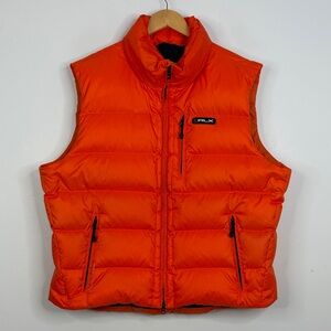 RLX Ralph Lauren Vest Mens XXL Orange Goose Down Puffer Hooded Full Zip